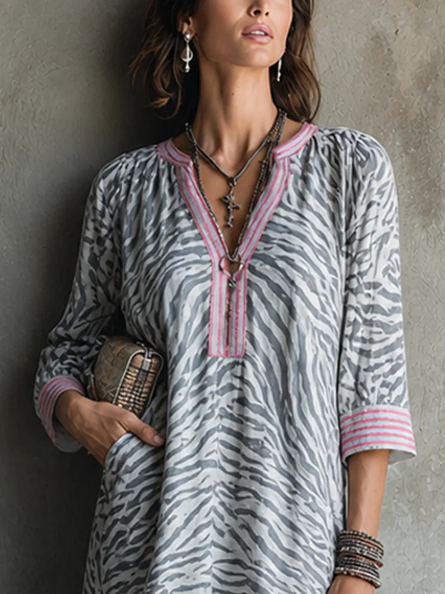 Women's Vacation Style Grey And Pink Cotton Blend V-Neck 3/4 Sleeve Zebra Print Maxi Dress MDZ3025F5GMJ