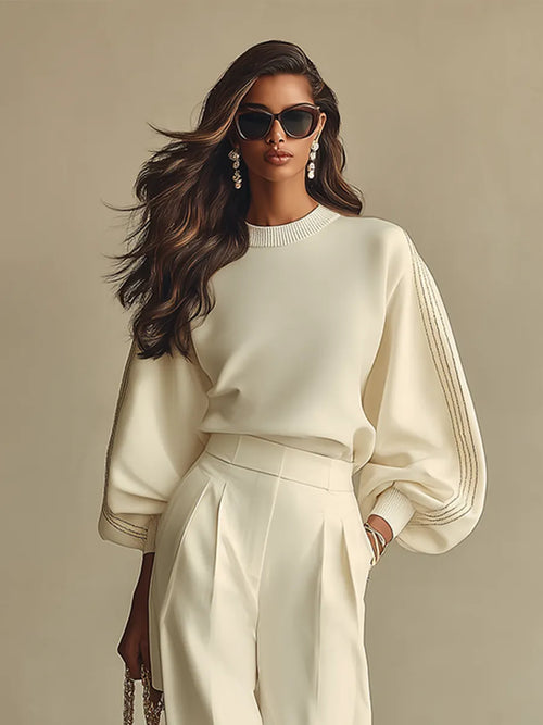 Women's Ivory Textured Set With Ribbed Crew Neck & High-Waisted Bottoms, Modern Sophisticated Style Set MDA2231L6I