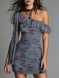 Retro Ruffled One-Shoulder Tie-Strap Mesh Print Mini Dress
