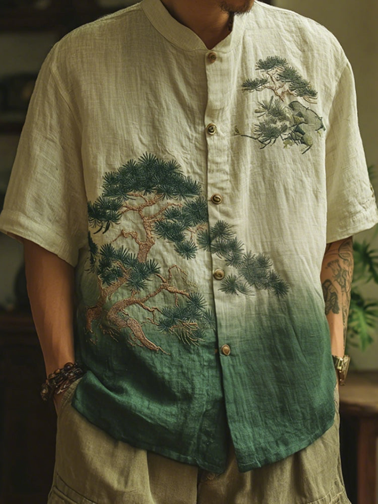 Men's Retro Pine Trees Art Print Button Casaul Shirt