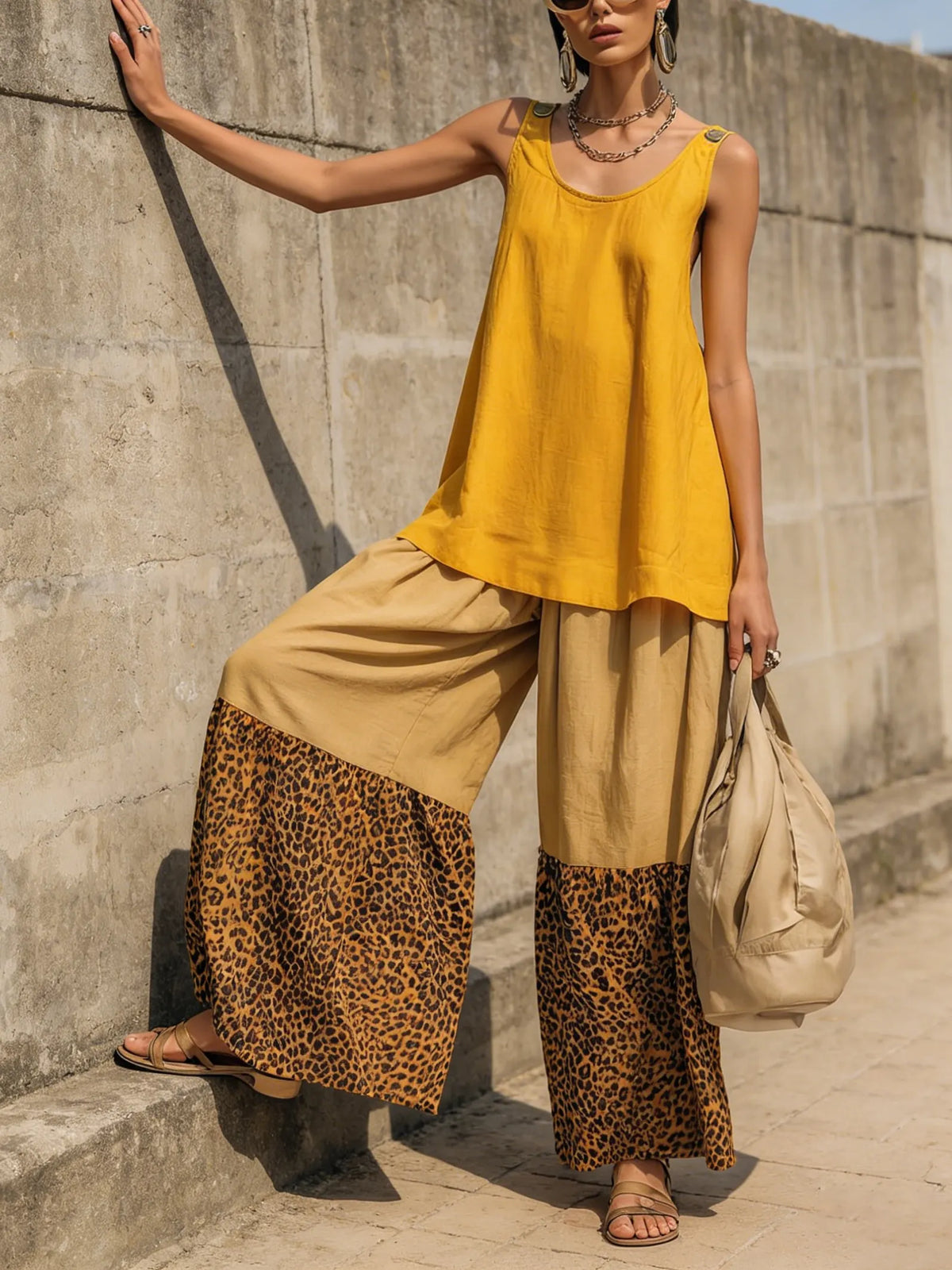 Casual Leopard Print Color-block Loose Cotton Two-piece Set