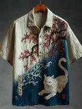 Vintage Japanese Cherry Blossom & Cat Embroidered Linen Shirt