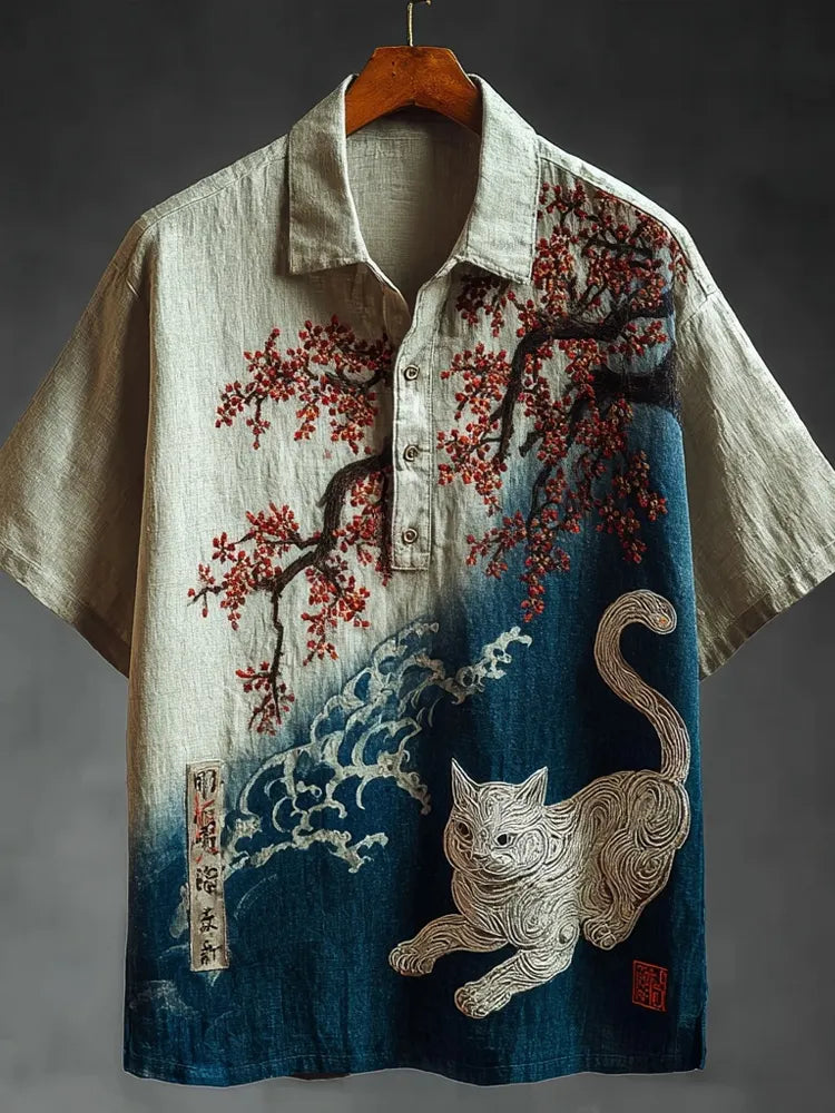 Vintage Japanese Cherry Blossom & Cat Embroidered Linen Shirt
