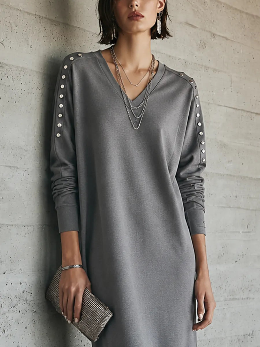 Women's Casual Chic Heather Gray Knit Cotton Blend V-Neck Studded Shoulder Loose Midi Dress MDZ1609G8GMJ
