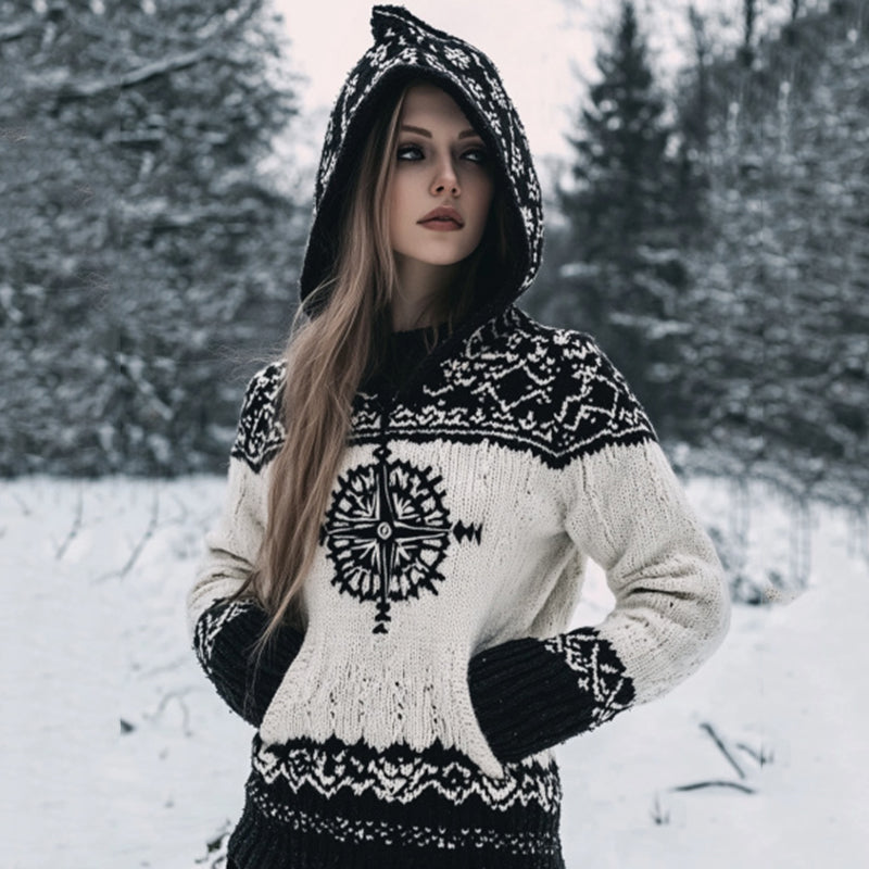 Vintage Viking Compass Celtic Cozy Chunky Hooded Cardigan