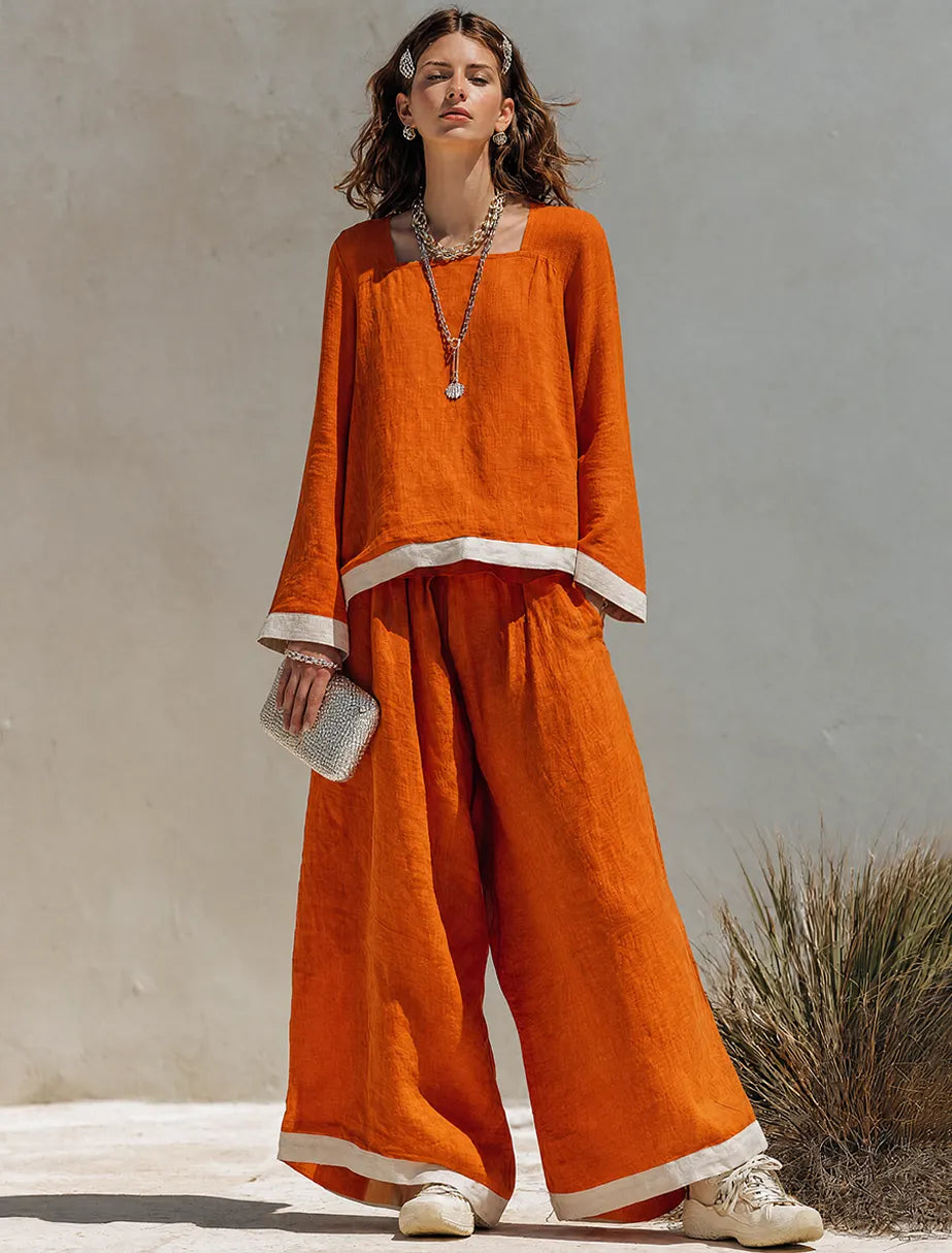 Women's Cotton-Linen Blend Square-Neck Long-Sleeve Top & Wide-Leg Pants Set With Contrast Trim MDZ0892G3ZRK