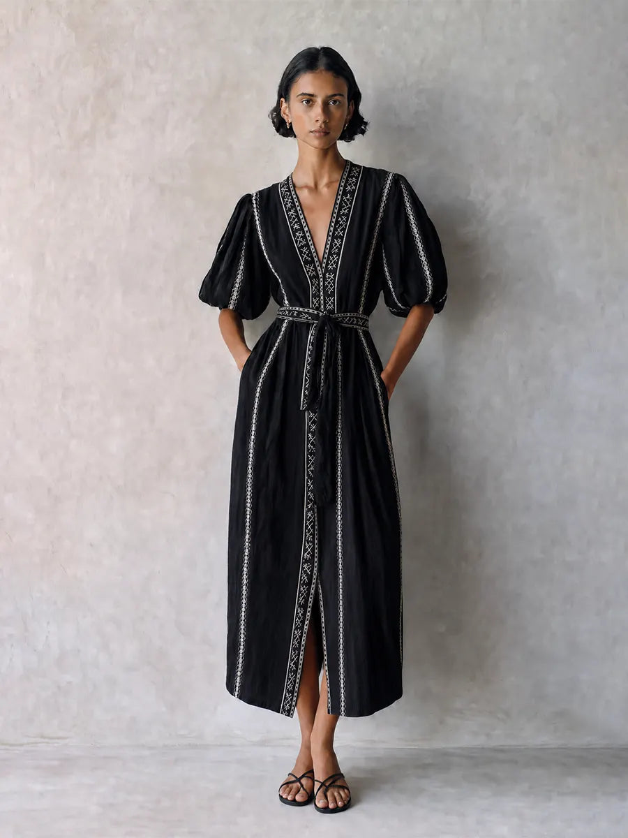 Women's Bohemian Black Cotton Blend V-Neck Puff Sleeve Geometric Embroidery Belted Midi DressMDZ0712G1ZSQ
