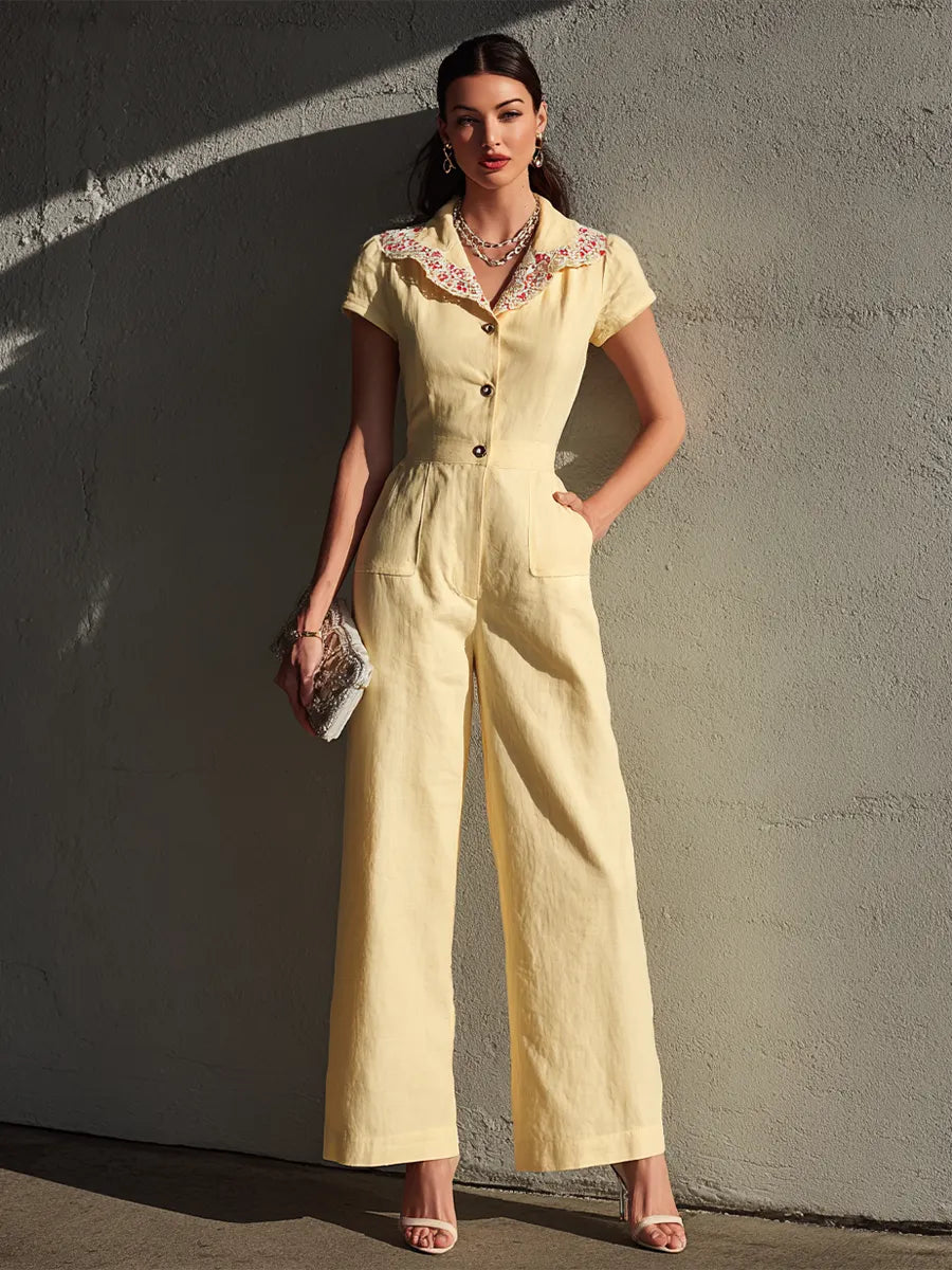 Women's Retro Elegant Light Yellow Cotton Blend Lace Collar Short Sleeve Wide-Leg Jumpsuit MDZ0397G7GMJ