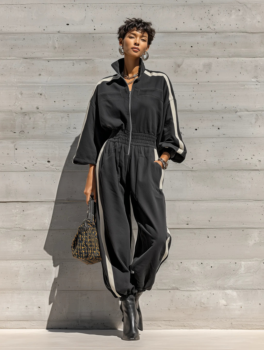 Women's Black White Stripe Washed Cotton Oversized Long Sleeve High Neck Zip Front Elastic Cuff Jogger Jumpsuit MDZ1429G0YZJ