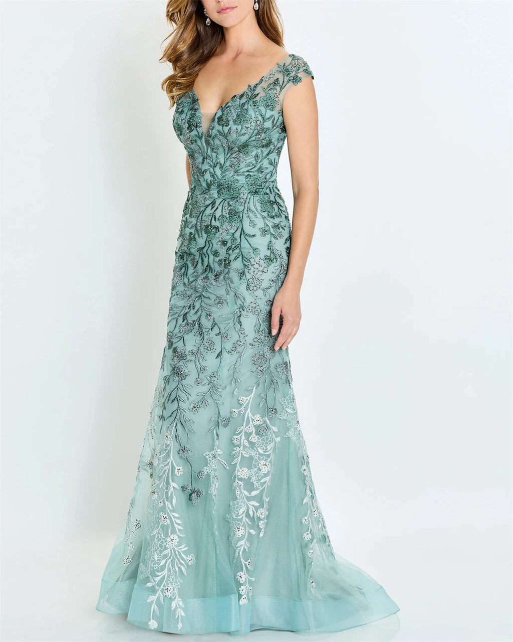 Women's V Neck Embroidered Mesh Evening Dress