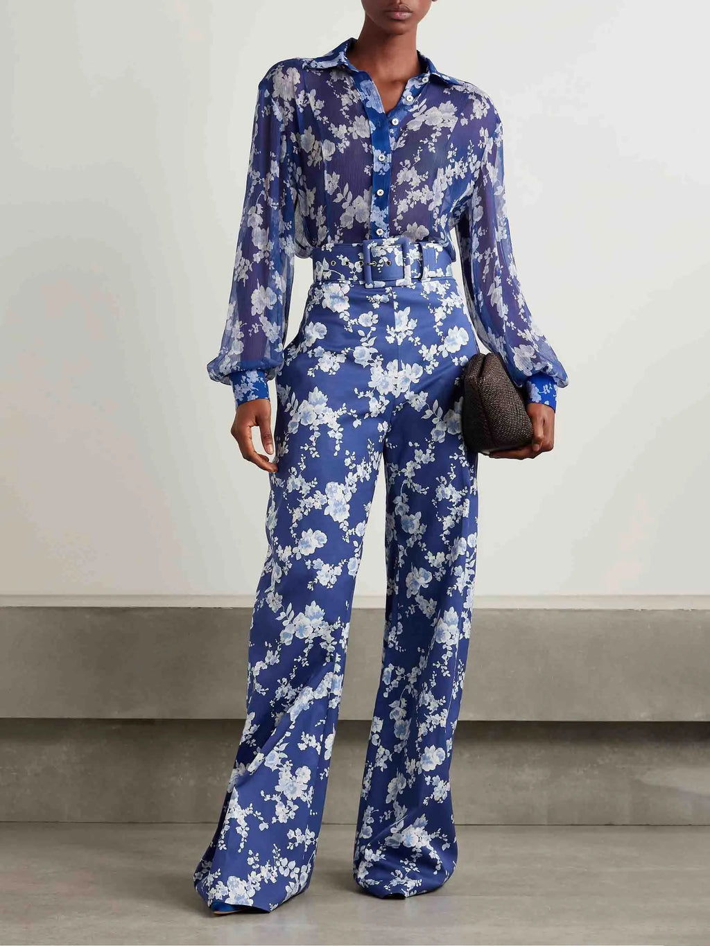 Exquisite Floral Print Twill Wide-leg Pants