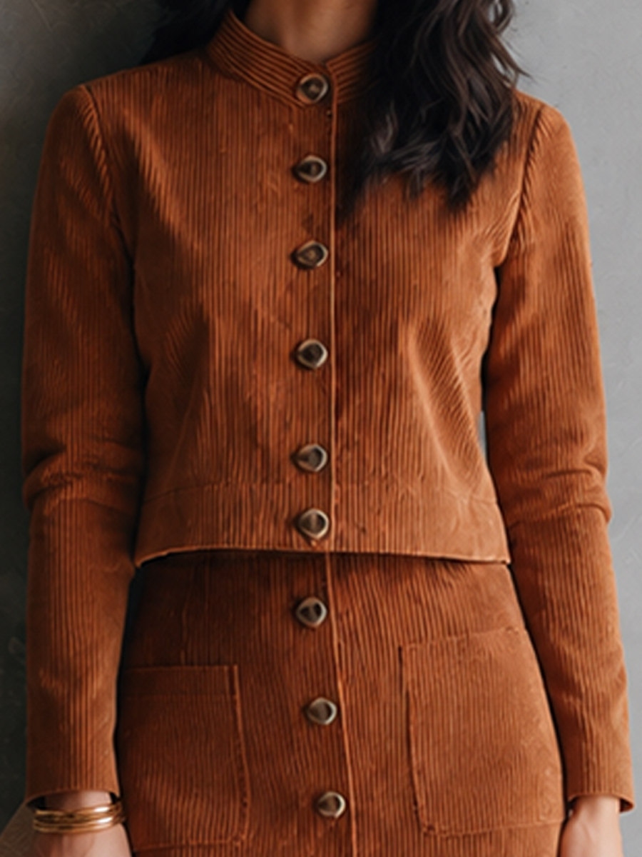 Women's Retro Brown Corduroy Button-Front Stand Collar Mini Skirt Set MDZ2453G0GMJ