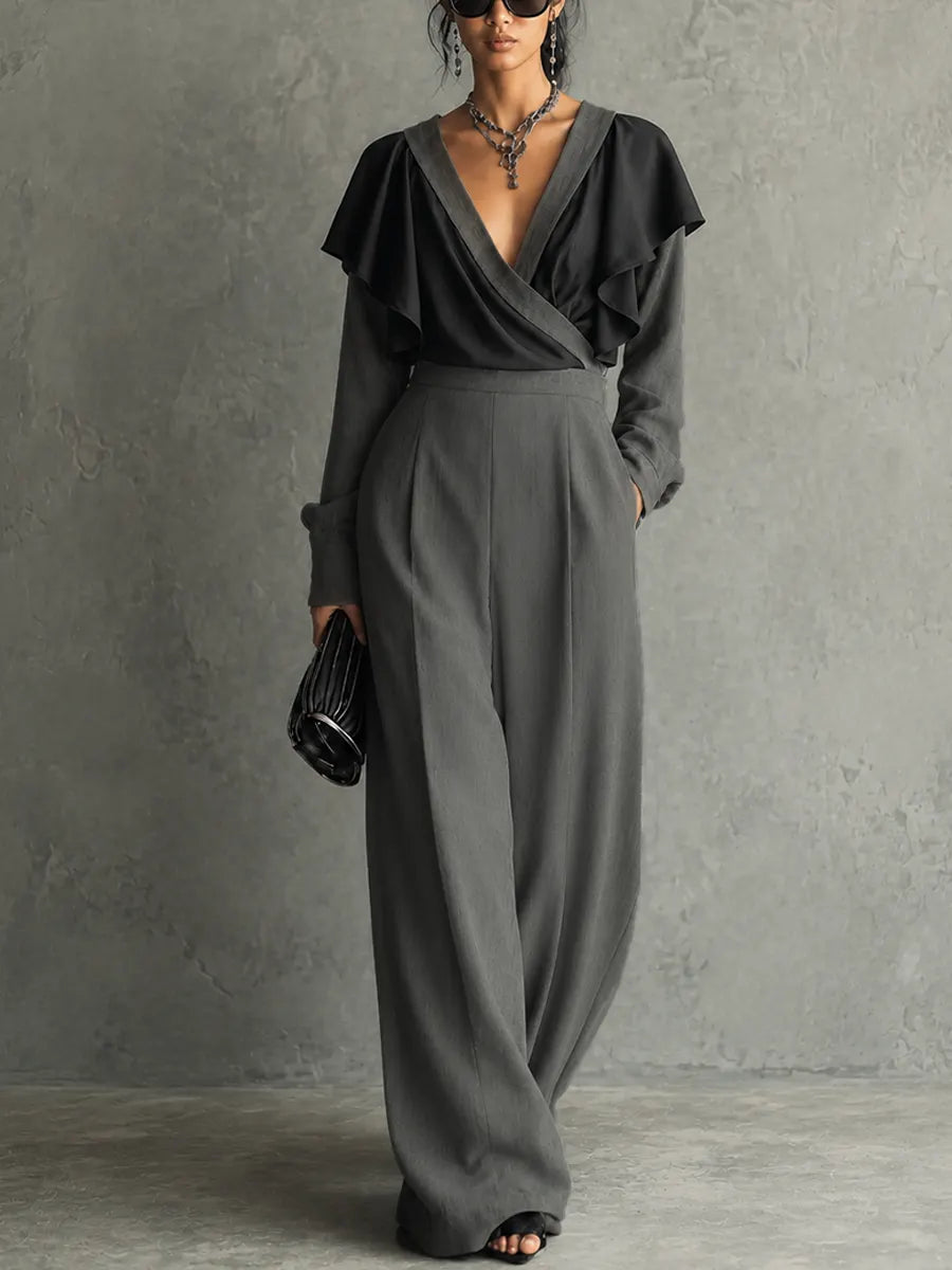 Women's Elegant Charcoal Gray Cotton Blend Chiffon Wrap Ruffle Sleeve Wide-Leg Jumpsuit MDZ2018G9GMJ