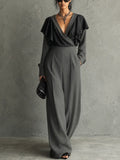 Women's Elegant Charcoal Gray Cotton Blend Chiffon Wrap Ruffle Sleeve Wide-Leg Jumpsuit MDZ2018G9GMJ