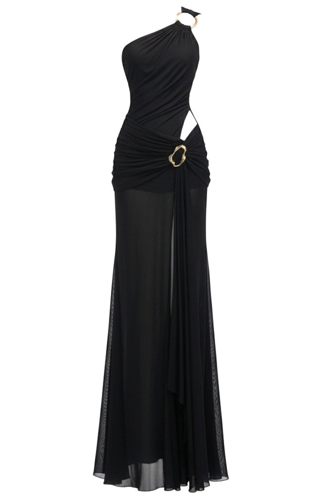 One Shoulder Draped A Line Maxi Dress Black