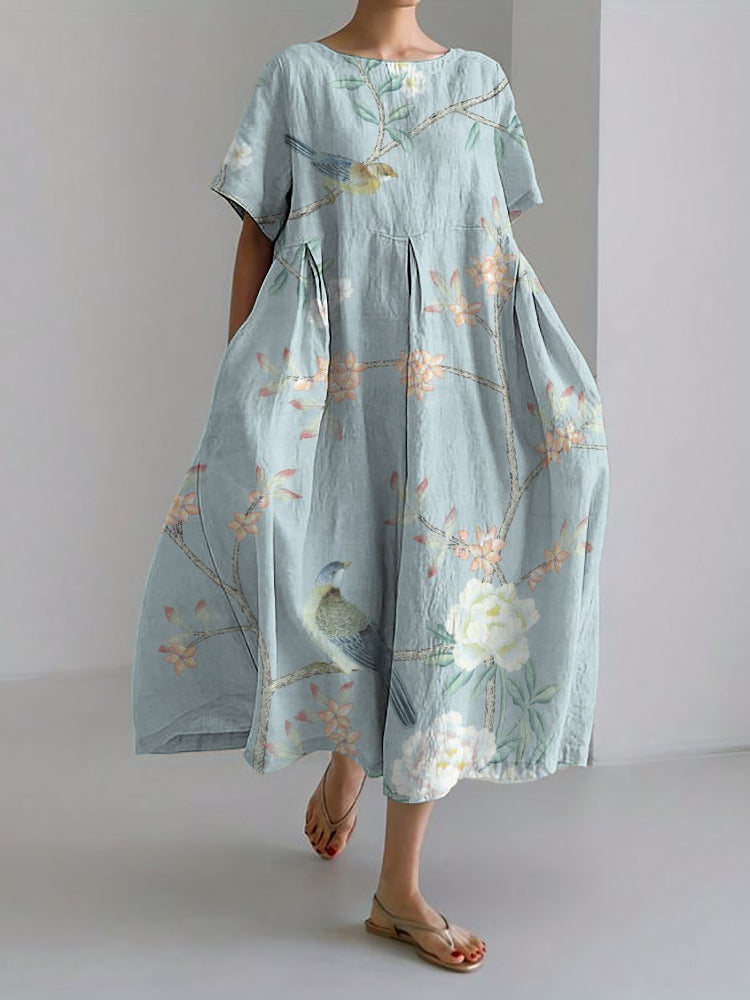Birds on Floral Branches Japanese Art Linen Blend Maxi Dress