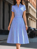 Striped Shirt Collar Fit-and-Flare Midi Dress