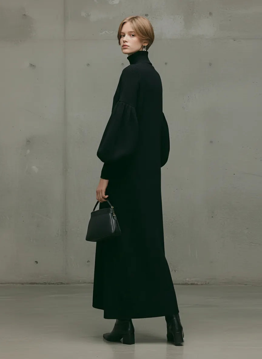 Women's Modern Black Turtleneck Puff-Sleeve Sweatshirt Maxi Dress MDA1503L6AU