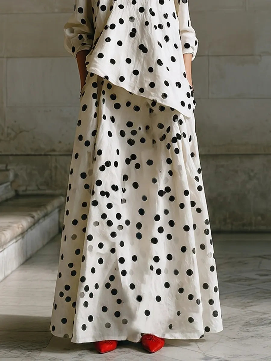 Women's Cream Spot Print Woven Co-Ord With Drop Shoulder Long Sleeve Blouse & Side Pocket Floor-Length Maxi Skirt, Minimalist Daily Casual Two-Piece Set MDZ0748G9LYL