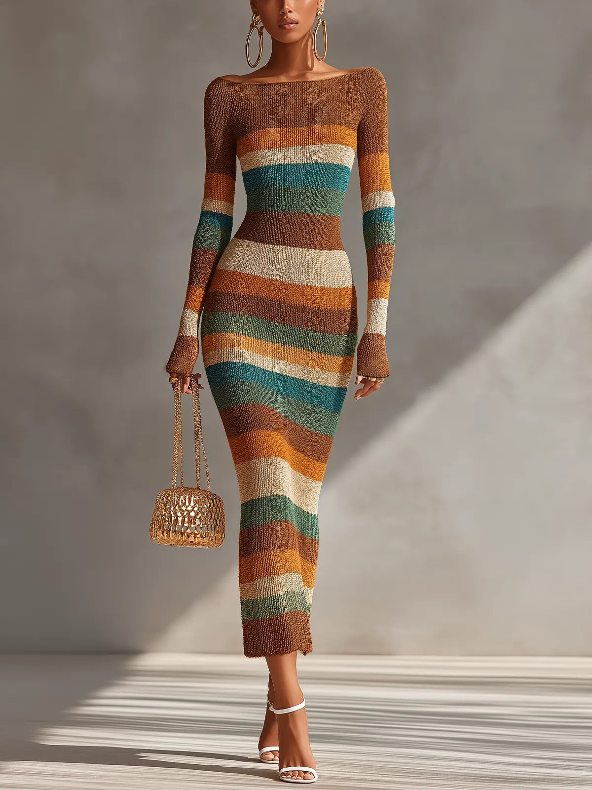 Multicolor Striped Off-Shoulder Knit Maxi Dress