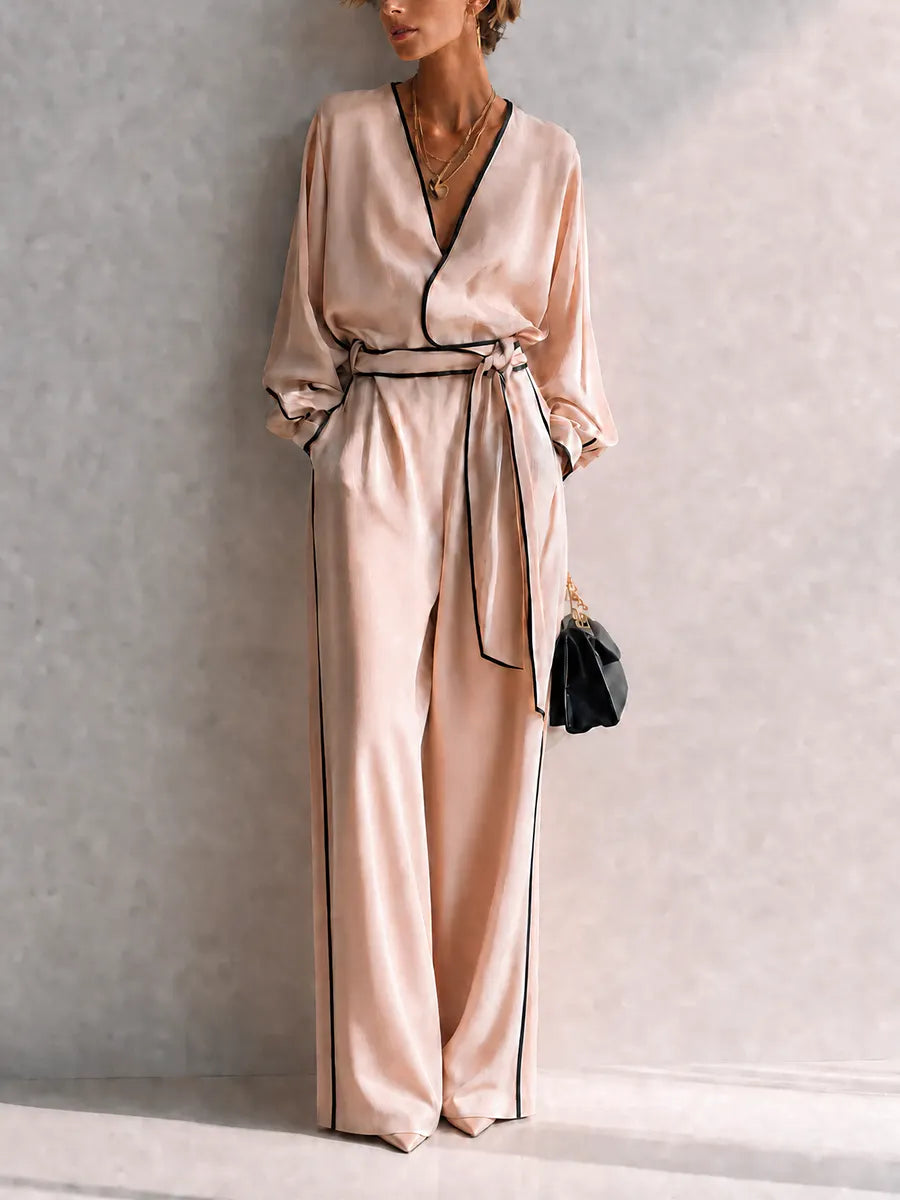 Women's Luxe Pink Black-Trim Cross V-Neck Belted Wide-Leg Satin Set MDZ1005G4CMX