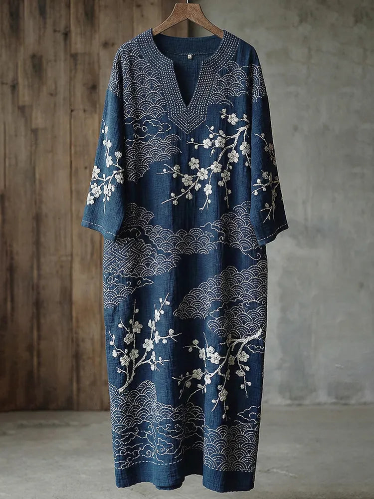 Vintage Japanese Traditional Sashiko Art Pattern Linen Blend Maxi Dress