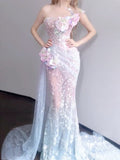 Sequinned Flower Embroidery Sleeveless Tube evening mermaid maxi Dresses