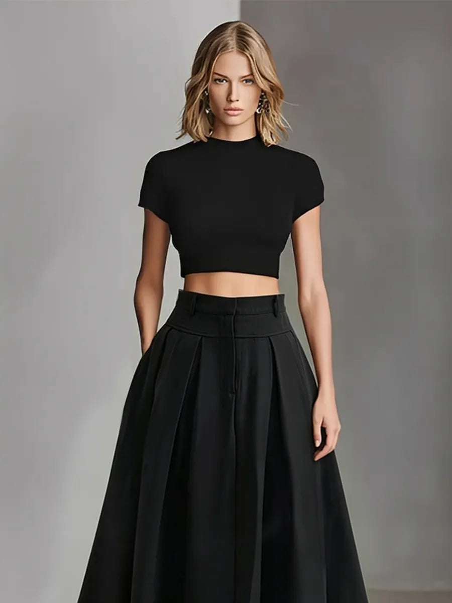 Women's Black Stretch-Knit & Woven Set With Cropped Top & Maxi Dress, Timeless Sleek-Chic Style Set (without Belt) MDZ1412A1I