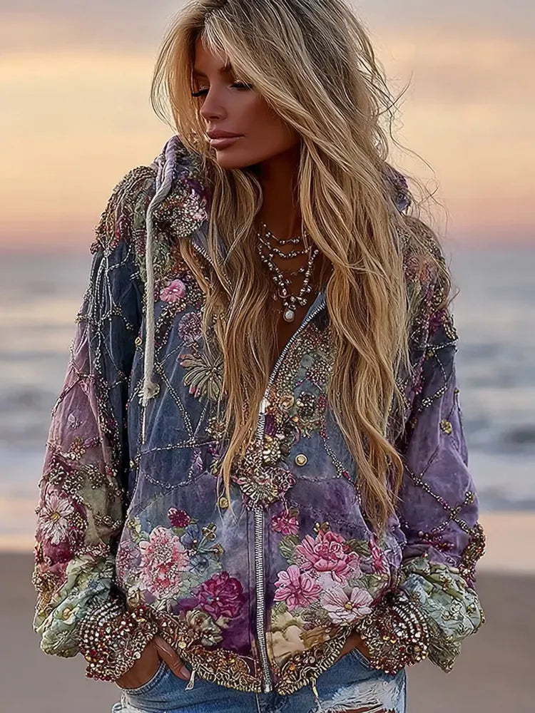 Women's Bohemian Geometric Floral Gradient Zip-up Hoodie