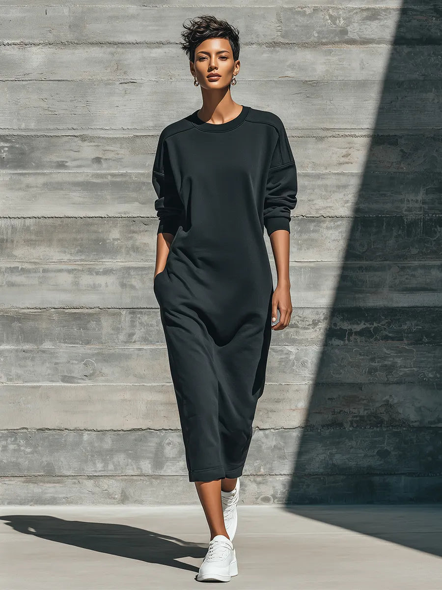 Women's Solid Black Soft Cotton Blend Sweat Midi Gown With Drop Shoulder Long Sleeves & Ribbed Cuff Hem, Effortless-Chic Loungewear Loose Midi Dress MDZ1613G9LYL