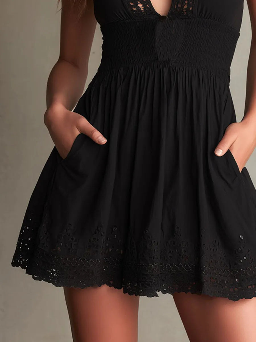Bohemian Black V-Neck Sleeveless Lace Mini Dress