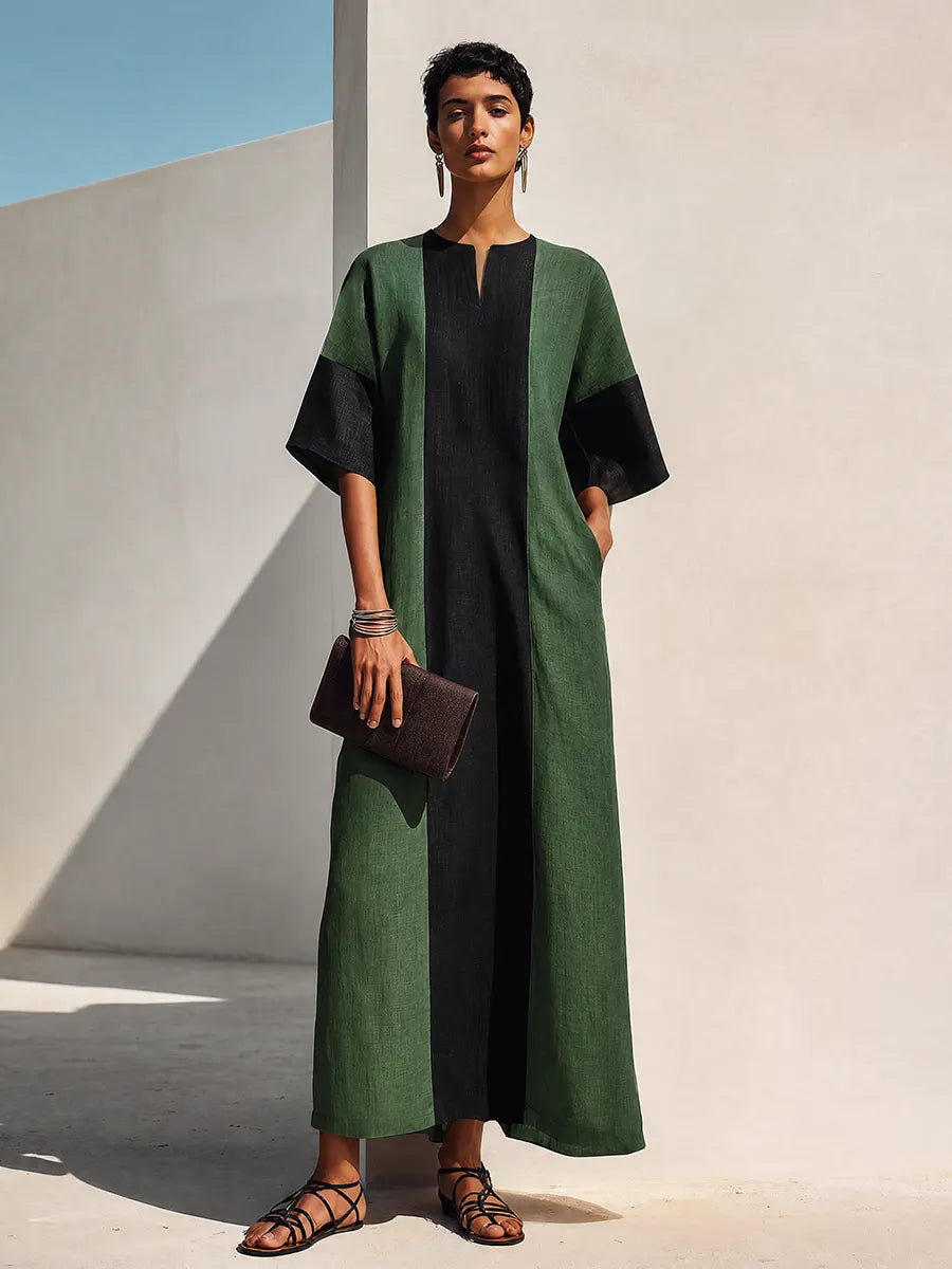 Women's Green & Black Color Block Cotton Linen V-Neck Maxi Dress MDZ1751G8ZRK
