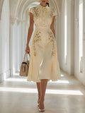 Apricot Embroidery Bow Classic Shawl Collar Cap Sleeve A-Line Midi Dress