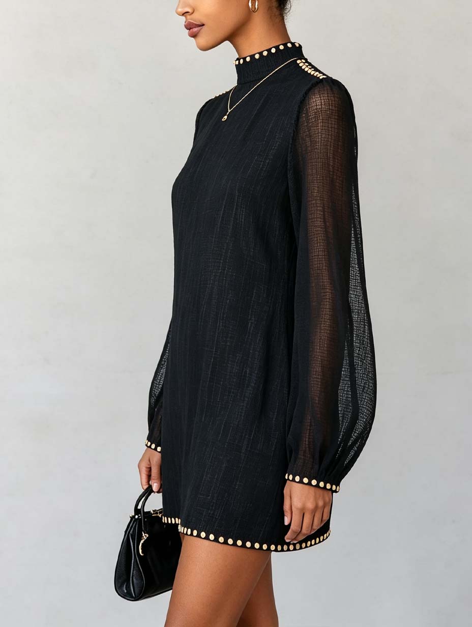 Black Mock Neck Sheer Sleeve Mini Dress With Contrast Trim