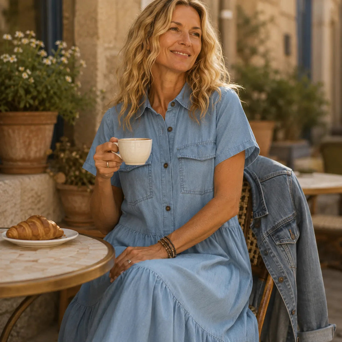 Marielle – Tiered Button-Front Denim-like Maxi Dress with Pockets