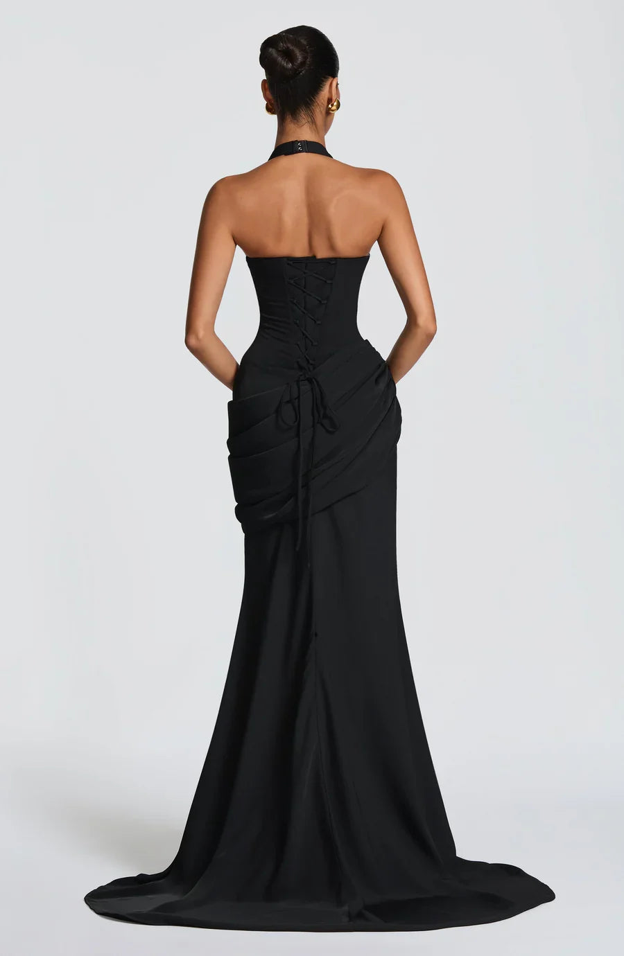 Yellow/Black Halter Neck Ruched Corset Maxi Dress with Train - Elegant Formal Evening Gown