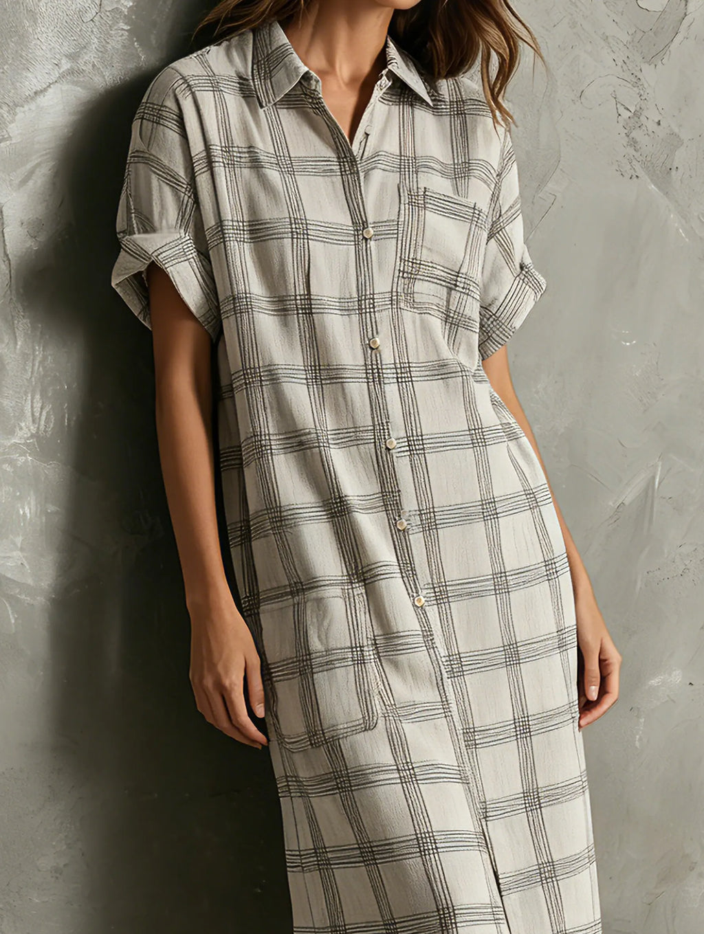 Women's Casual Light Gray Plaid Cotton-Linen Short-Sleeve Shirt Maxi Dress MDZ2466F9LXY