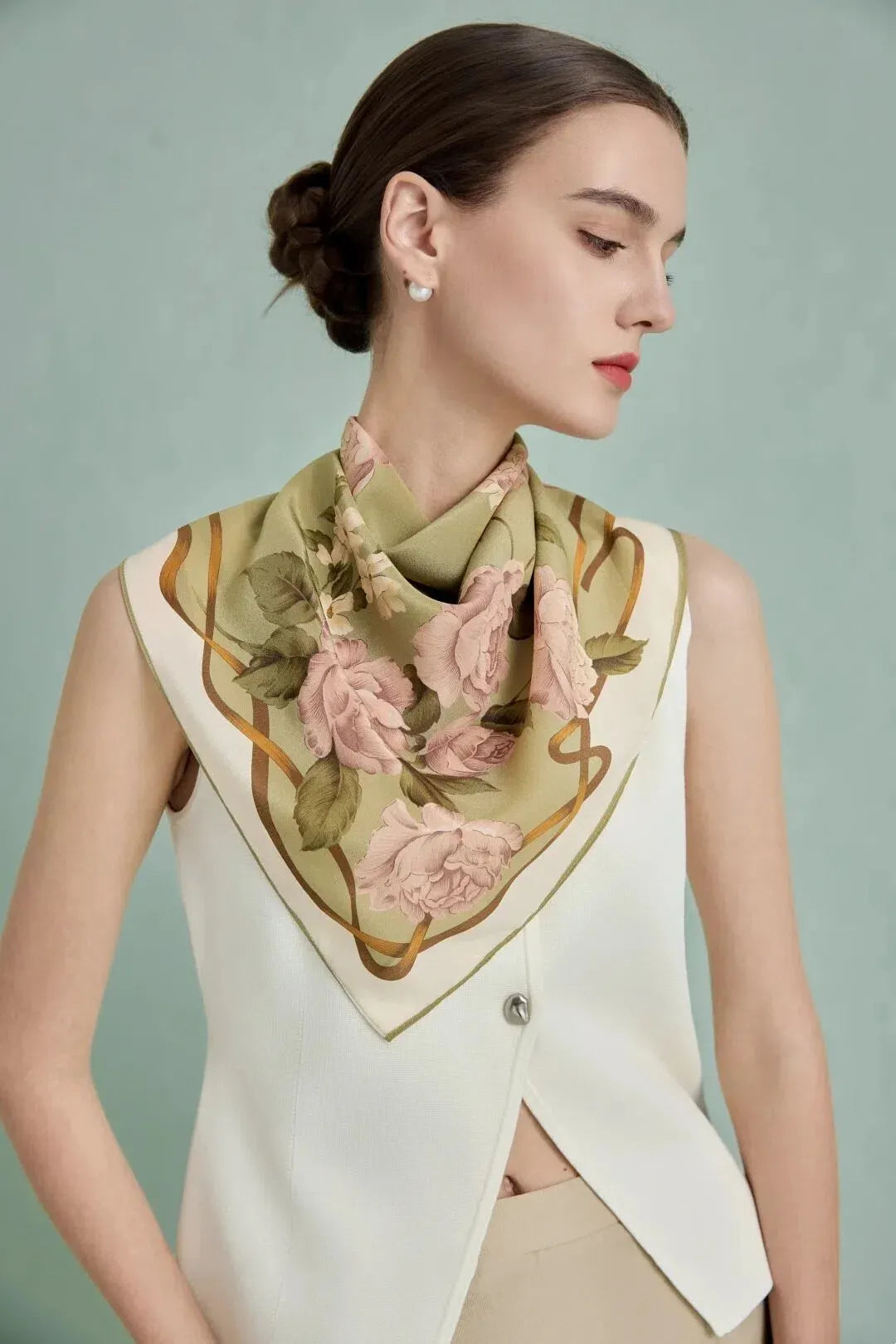 Olive green printed silk square scarf