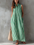 Women's Casual Sleeveless Maxi Dress With A White And Green Striped Woven Print MDZ2536F2LXY