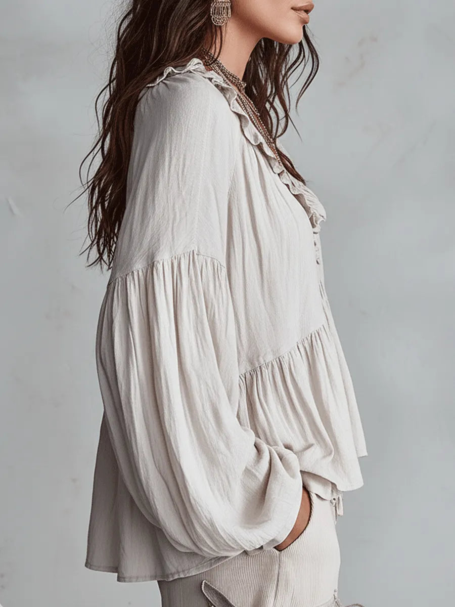 Airy Vintage-Inspired Ruffle Soft Ruffle Bohemian Blouse