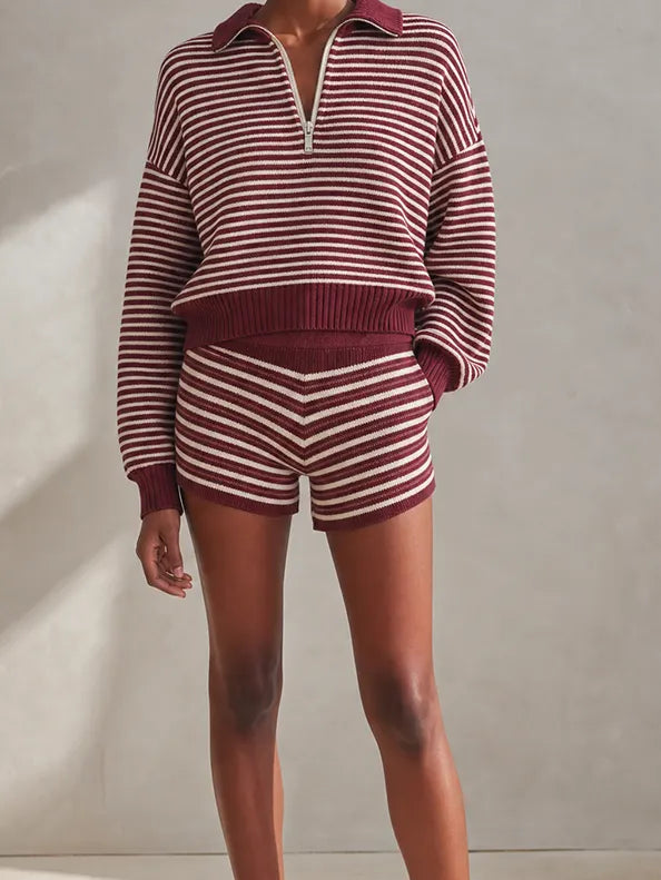 Women's Casual Burgundy And Cream Striped Ribbed Knit Quarter-Zip Collared Sweater And High-Waist Shorts Two-Piece Set MDZ1632G6ZSQ