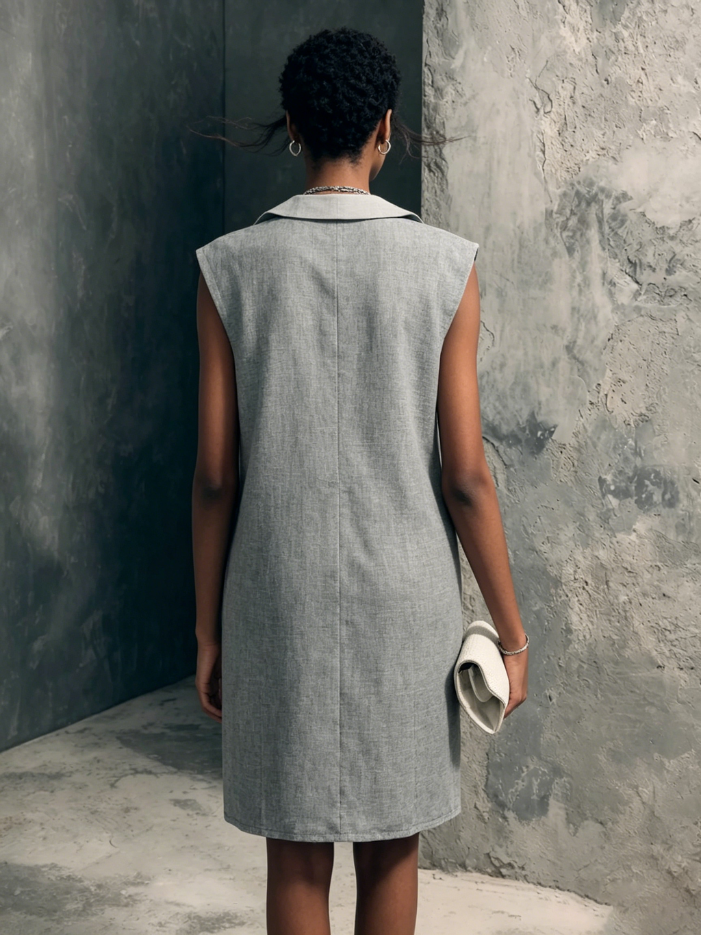 Women's Casual Light Gray Linen Cotton Lapel Half Placket Straight Mini Sleeveless Dress MDZ2692F1GMJ