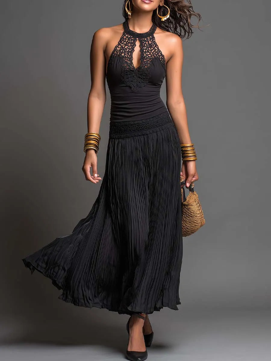 Vintage Lace Halter-Neck Pleated Maxi Dress