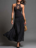 Vintage Lace Halter-Neck Pleated Maxi Dress