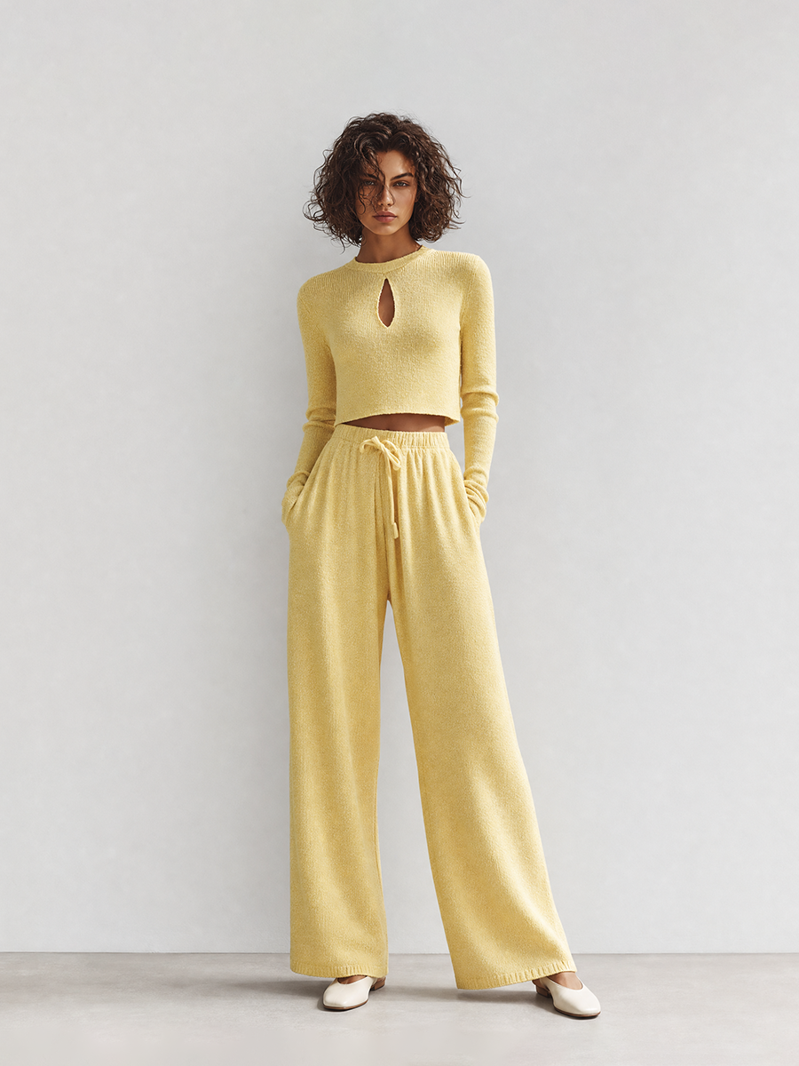 Women's Elegant Casual Light Yellow Knit Round-Neck Keyhole Long-Sleeve Cropped Top & Drawstring Wide-Leg Trouser Set MDZ2406G2CMX