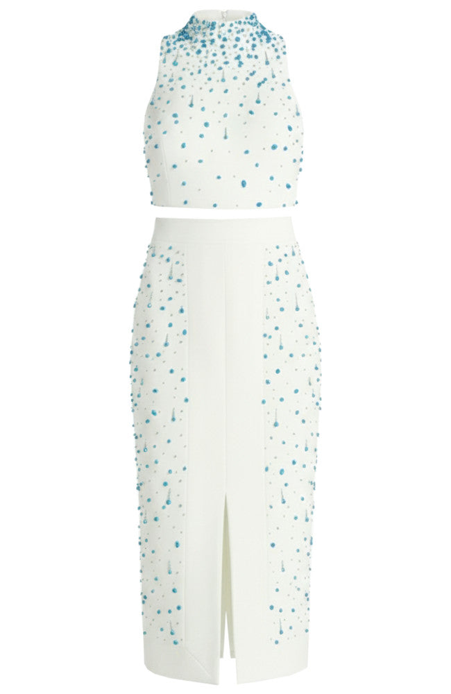 Embellished Midi Two Piece Dress White Turquoise