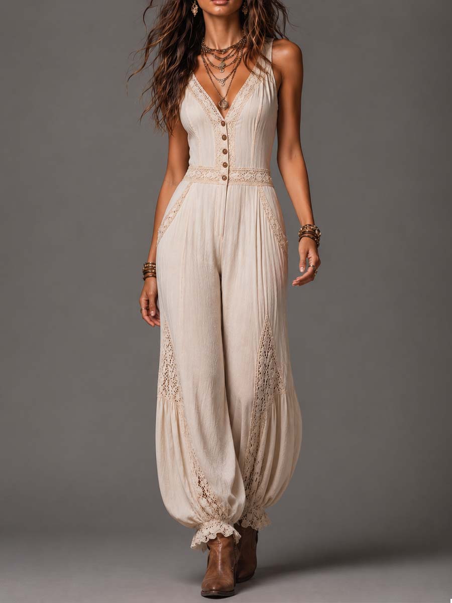 Bohemian Cream Cotton-Linen Lace Trim Jumpsuit