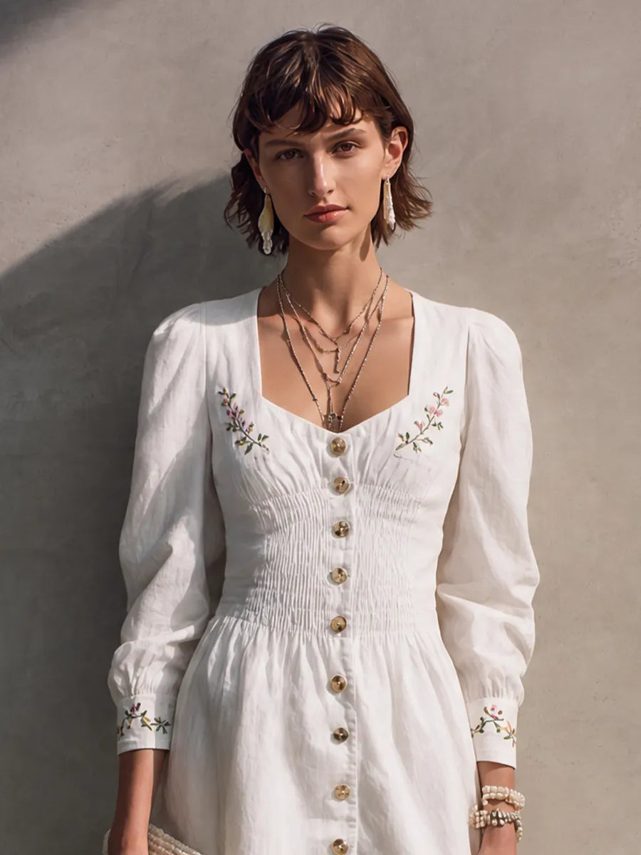 Women's French Cottage Style Off White Cotton Blend Square Neck Smocked Long Sleeve Floral Embroidery Midi Dress MDZ0156G8GMJ