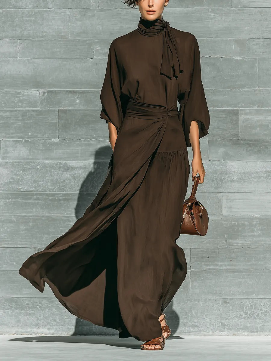 Women's Dark Brown Matte Satin Tie-Neck Three-Quarter Sleeve Dress MDZ0716G2YZJ