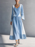 Women's Minimalist Style Light Blue Linen Cotton V Neck Flare Long Sleeve Geometric Color Block Midi Dress MDZ0147G5GMJ